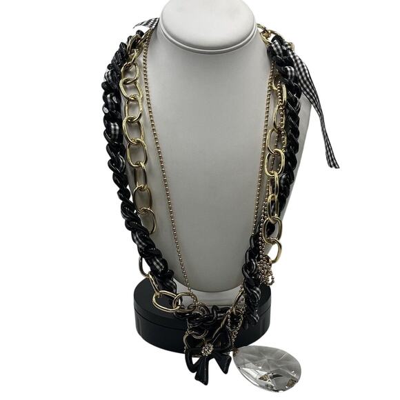 Betsey Johnson Heavy Multistrand Necklace Gold Tone Black White Ribbon Bow Charm - Picture 1 of 14